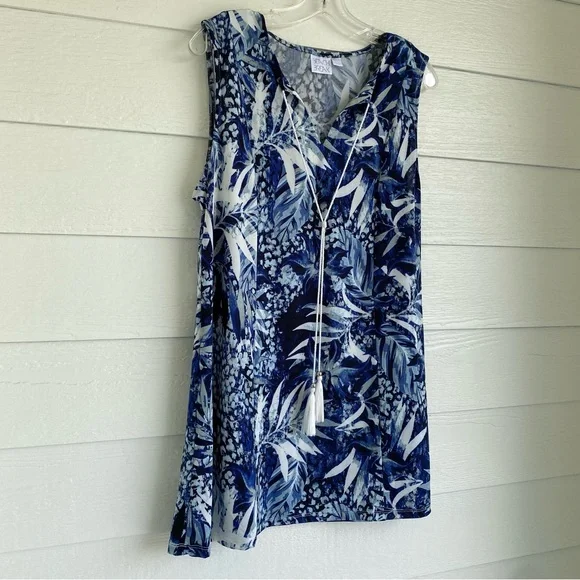 Beach Break Summer Tropical Dress Size Large Navy Blue White Cream Swim Cover-Up - Picture 3 of 11